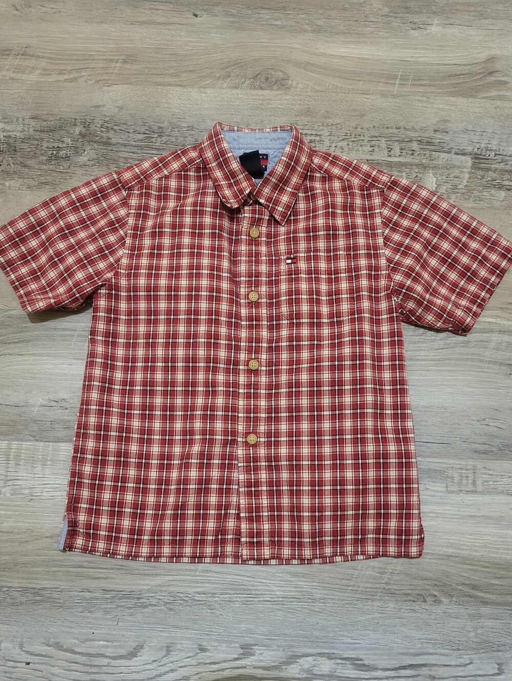 Y2K Boys Tommy Hilfiger Red & White Plaid Short-Sleeve Button-Down Shirt Size 7Y